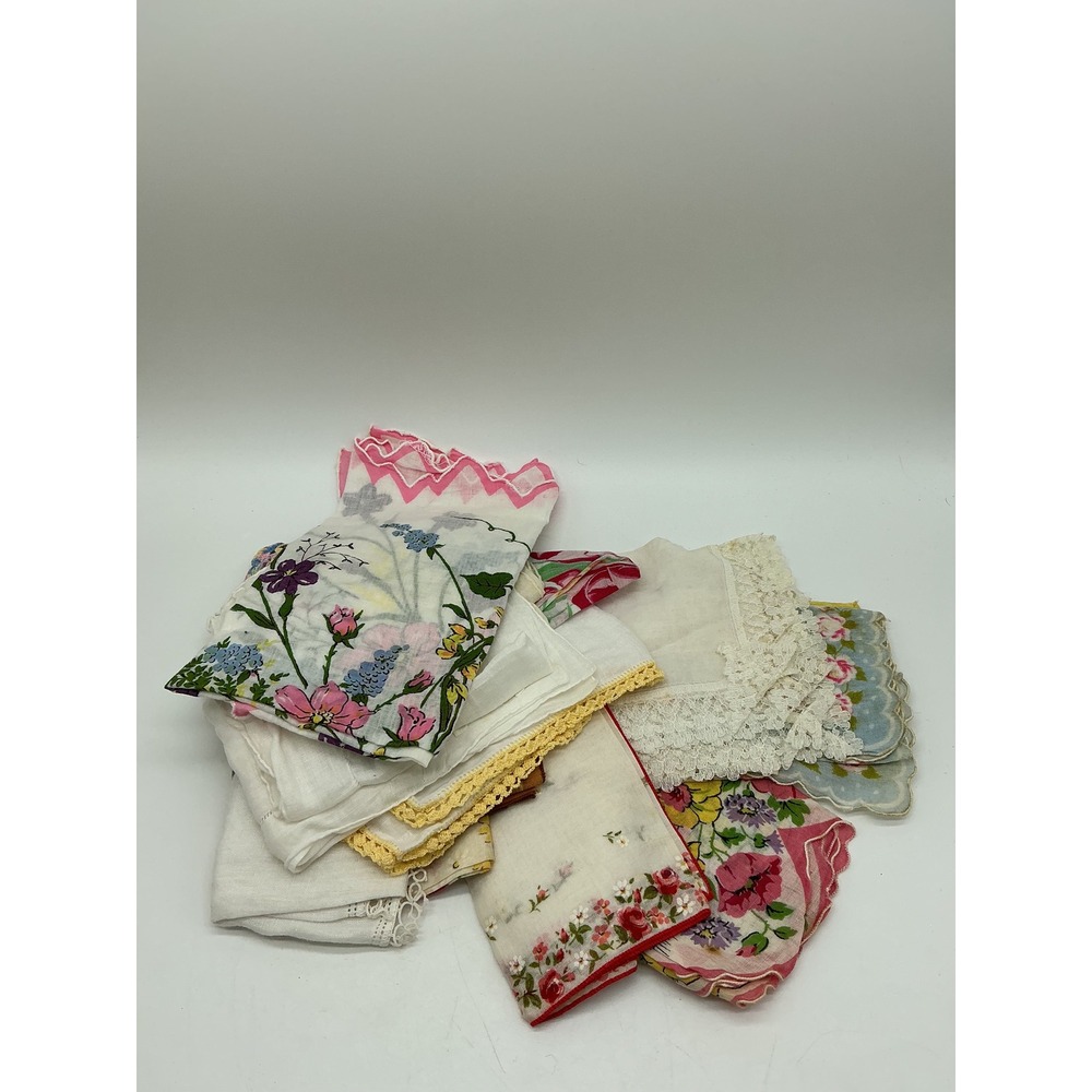 Vintage Floral Lace Handkerchief Lot Mixed Cotton Linen Crochet Edge Lot of 16